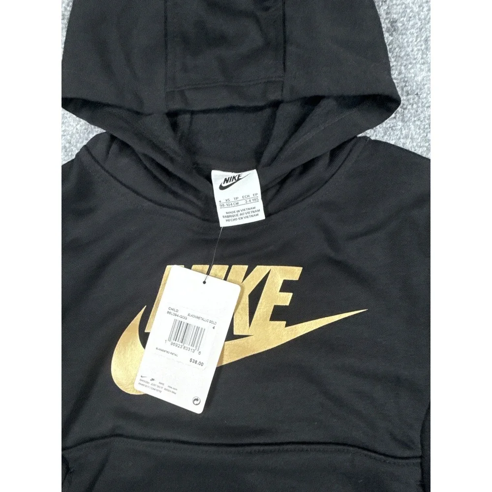 Nike Kids XS 3-4Yrs Sportswear Club Fleece Hoodie Black Metallic Gold Logo NWT